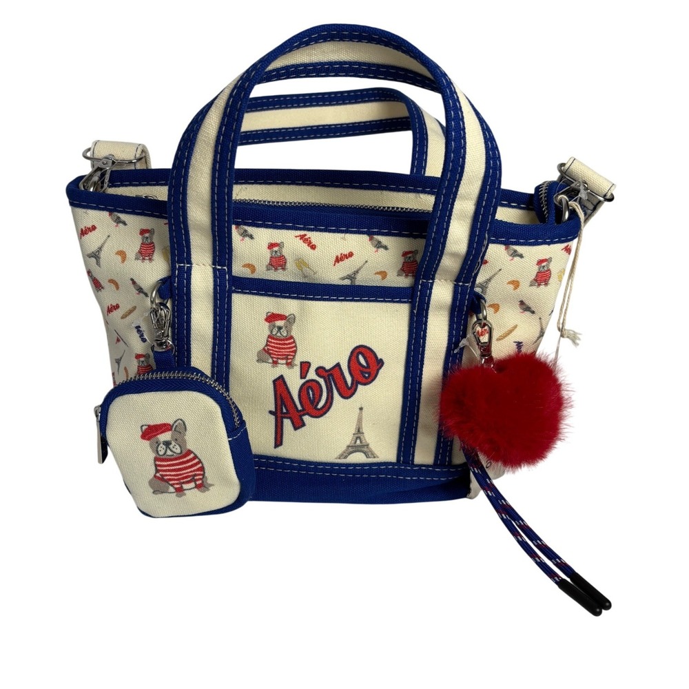 Aeropostale Mini Canvas Tote Crossbody Bag Royal Blue Paris Bulldog NWT Festive